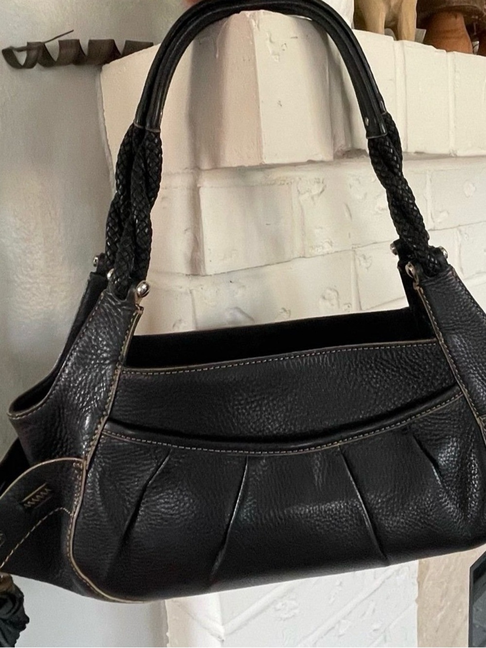 Cole Haan Black Leather Shoulder Bag with Braided Handles